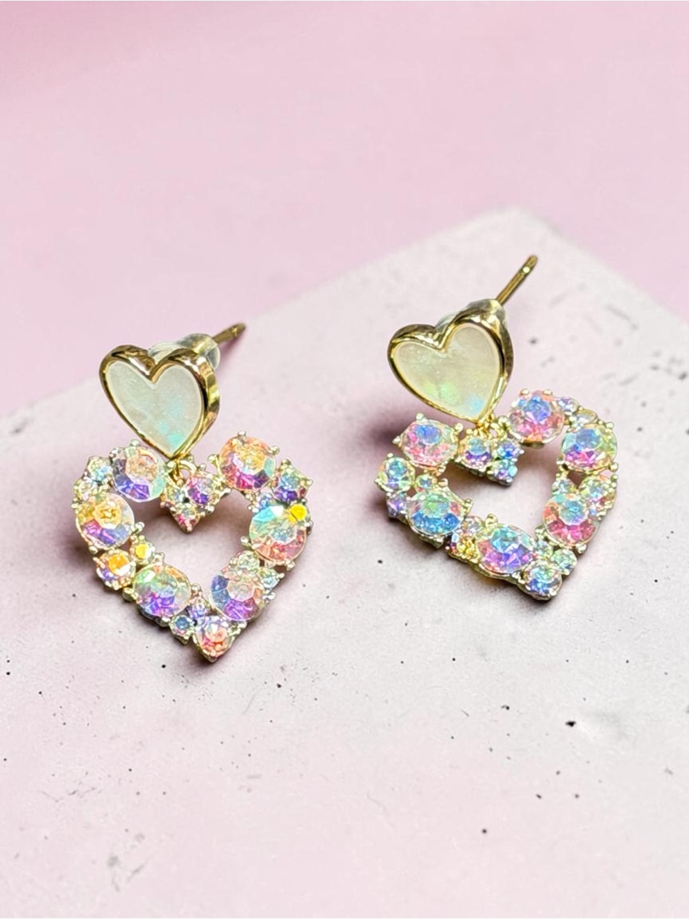 14k Gold Plated Heart Drop Cubic Zirconia Earrings - Iridescent Gold